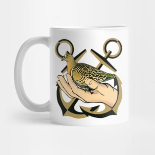 Yellow dove with anchors in the background Mug